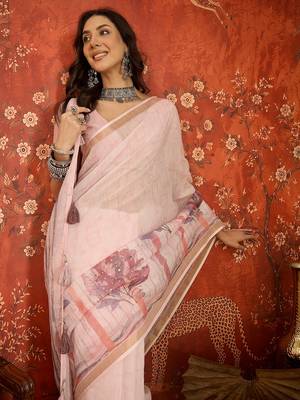 Baby pink linen embellished saree with unstitched blouse piece. 1