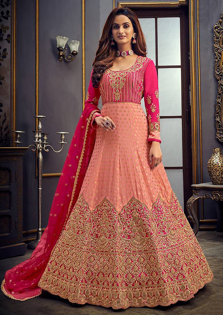 Light pink & pink embroidered jacquard salwar kameez