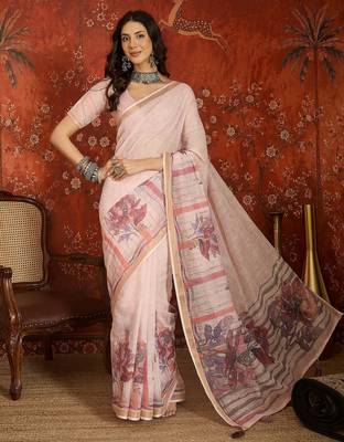 Baby pink linen embellished saree with unstitched blouse piece. 2