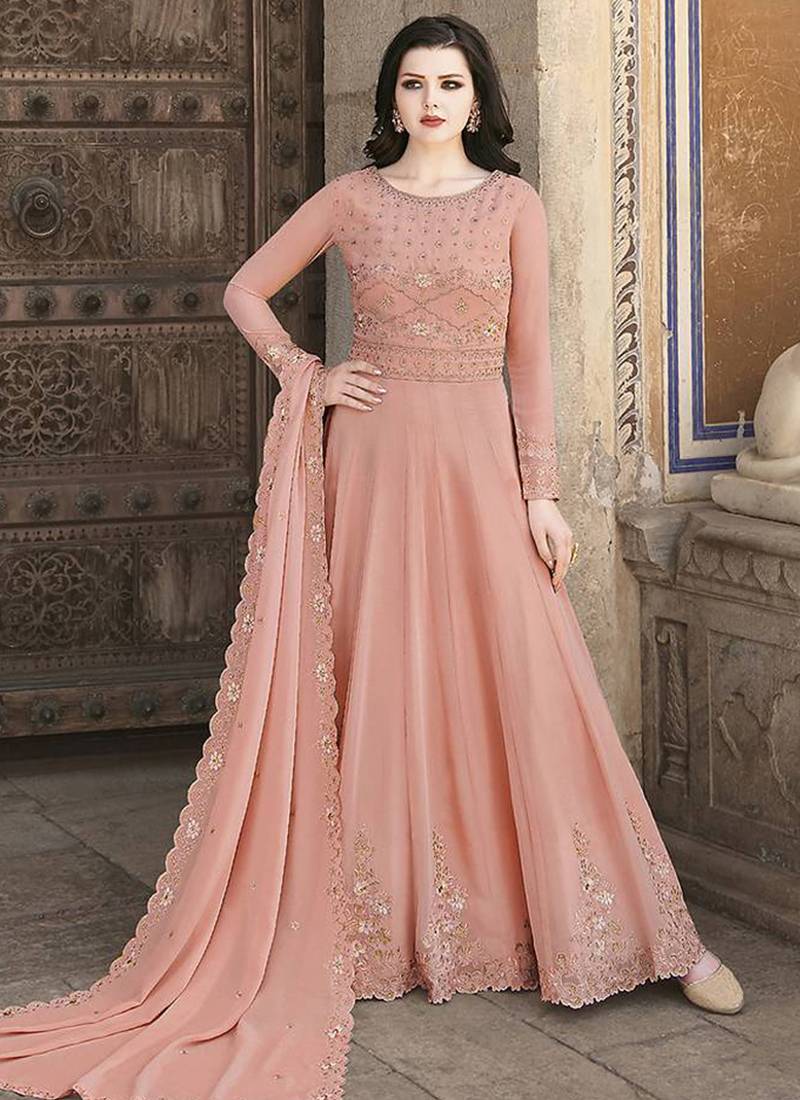 Dark peach crystals faux georgette salwar kameez