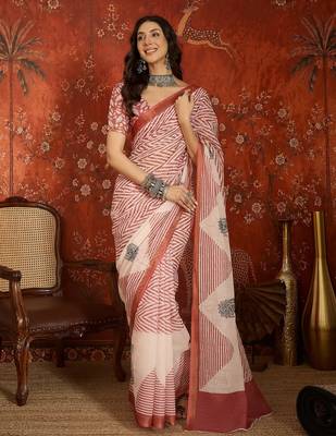 Pink linen sequins saree with unstitched blouse piece. 2