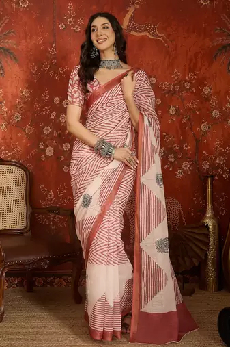 Pink linen sequins saree with unstitched blouse piece.