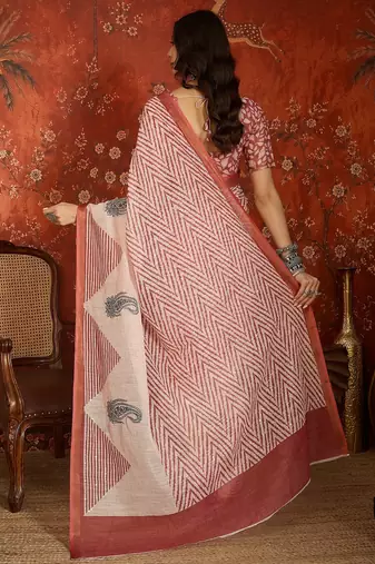 Pink linen sequins saree with unstitched blouse piece.