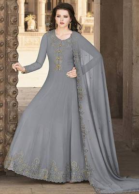 Dark grey crystals faux georgette salwar kameez 1
