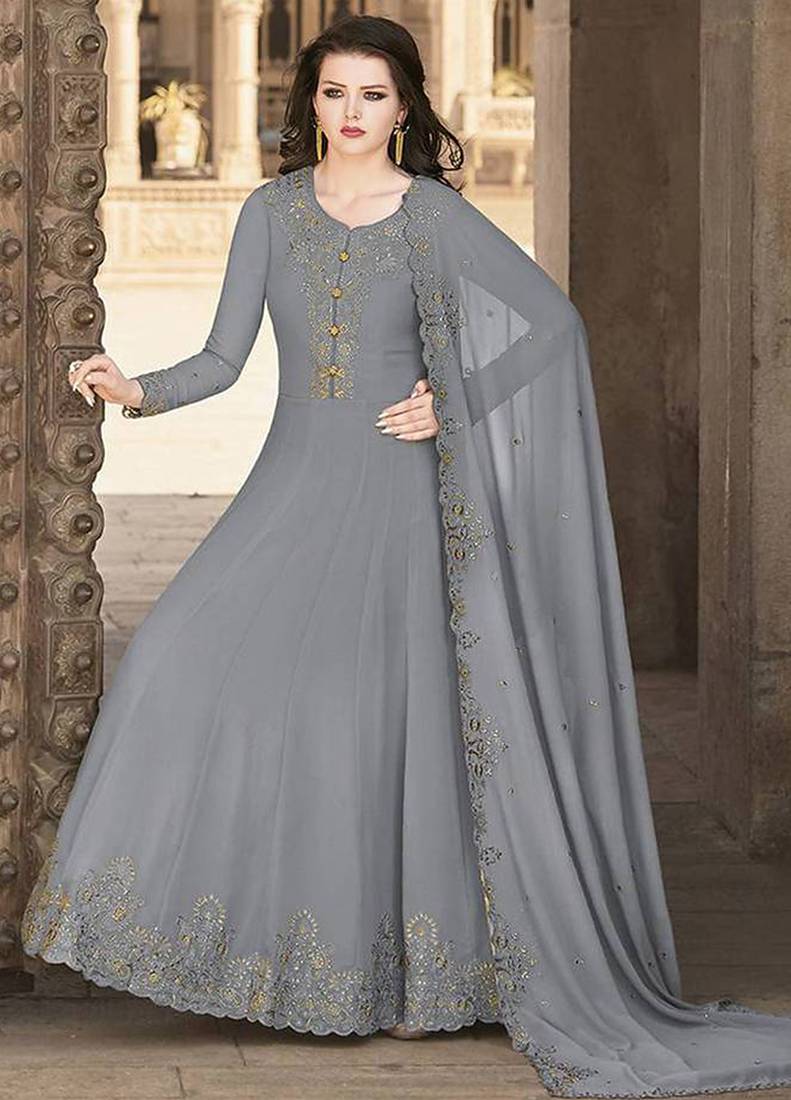 Dark grey crystals faux georgette salwar kameez