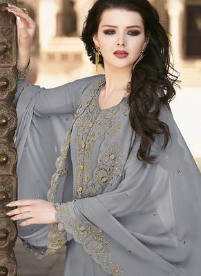 Dark grey crystals faux georgette salwar kameez 2