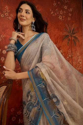 Beige linen gota patti saree with unstitched blouse piece.