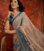 Beige linen gota patti saree with unstitched blouse piece.
