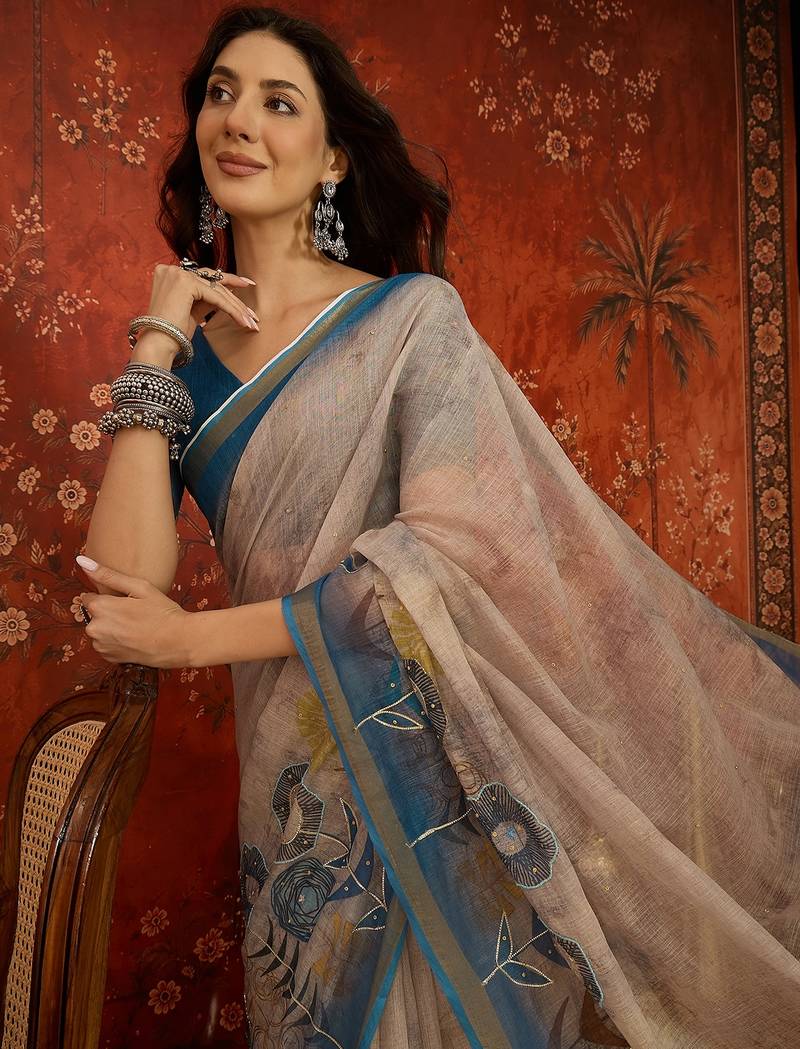 Beige linen gota patti saree with unstitched blouse piece.