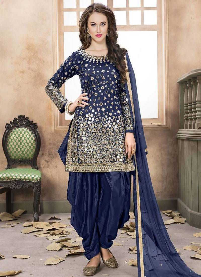 Navy blue embroidered taffeta salwar with dupatta