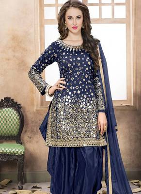 Navy blue embroidered taffeta salwar with dupatta 2