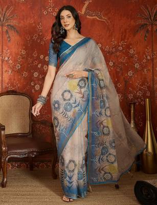 Beige linen gota patti saree with unstitched blouse piece. 2