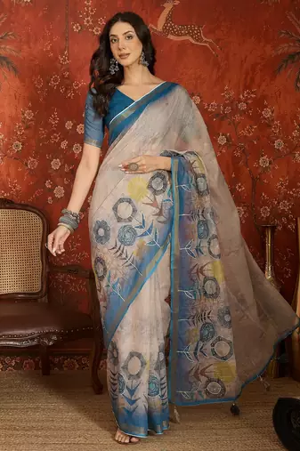 Beige linen gota patti saree with unstitched blouse piece.
