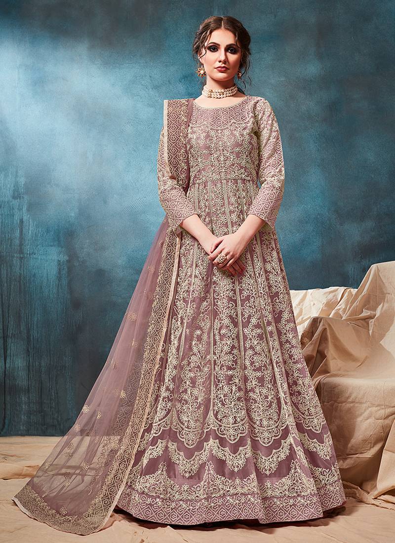 Net embroidered chikoo anarkali dress