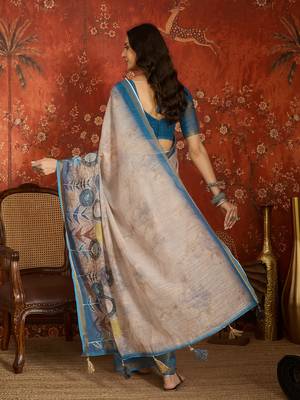 Beige linen gota patti saree with unstitched blouse piece. 3