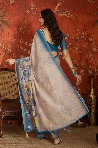 Beige linen gota patti saree with unstitched blouse piece.