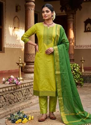 Lemon yellow woven jaquard straight kurti dupatta with pant 1