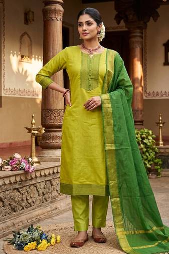 Lemon yellow woven jaquard straight kurti dupatta with pant