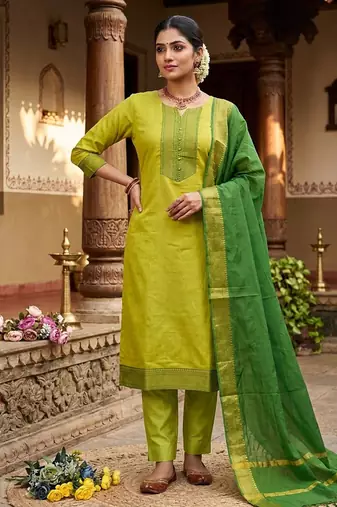 Lemon yellow woven jaquard straight kurti dupatta with pant