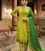 Lemon yellow woven jaquard straight kurti dupatta with pant