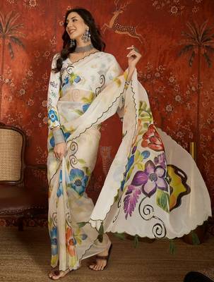 Off white organza printed saree with unstitched blouse piece. 2