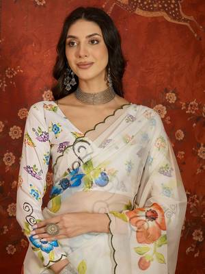Off white organza printed saree with unstitched blouse piece. 3
