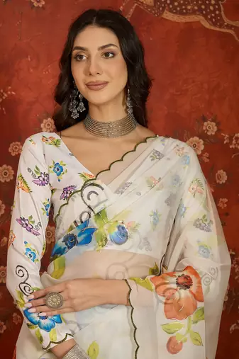 Off white organza printed saree with unstitched blouse piece.