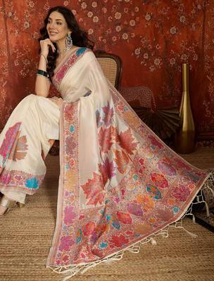 cream pashmina silk blend woven saree with unstitched blouse piece. 1
