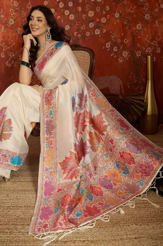 cream pashmina silk blend woven saree with unstitched blouse piece.