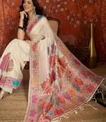 cream pashmina silk blend woven saree with unstitched blouse piece.