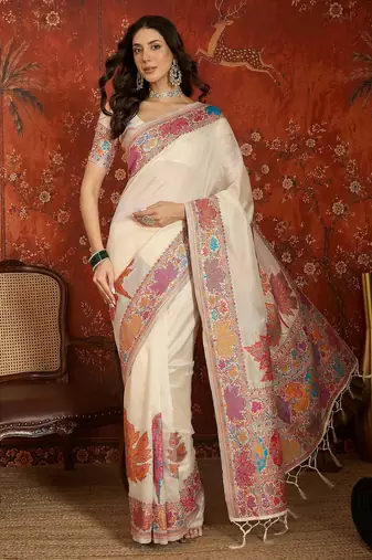cream pashmina silk blend woven saree with unstitched blouse piece.