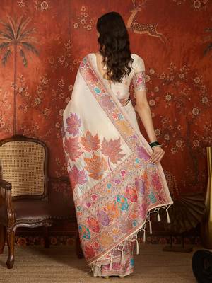 cream pashmina silk blend woven saree with unstitched blouse piece. 3