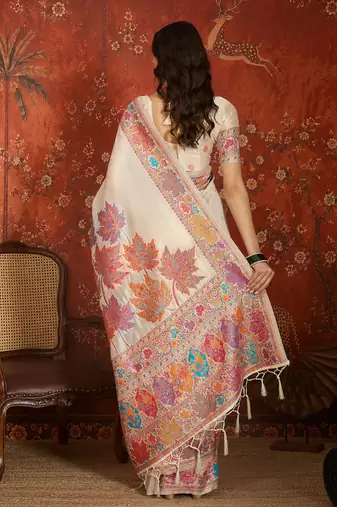 cream pashmina silk blend woven saree with unstitched blouse piece.