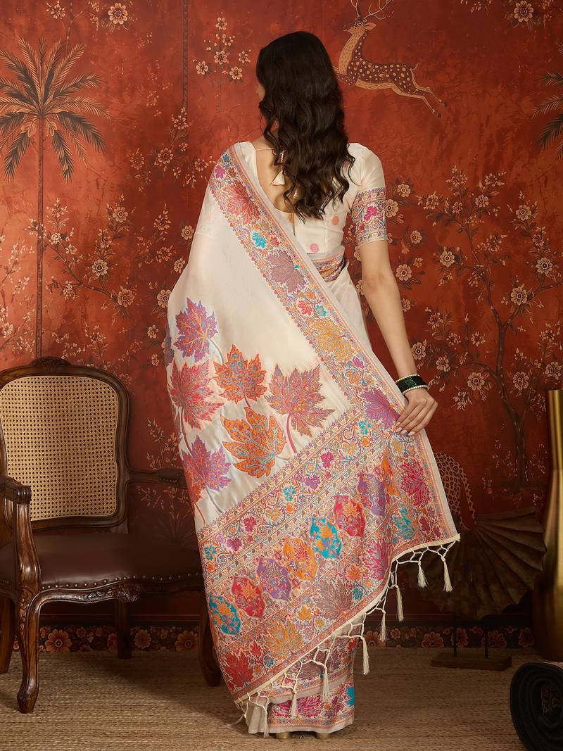cream pashmina silk blend woven saree with unstitched blouse piece.