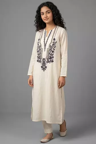 Blue geometric embroidered kurti co-ord set