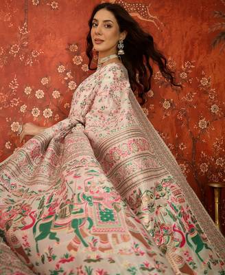 cream pashmina silk blend woven saree with unstitched blouse piece. 1