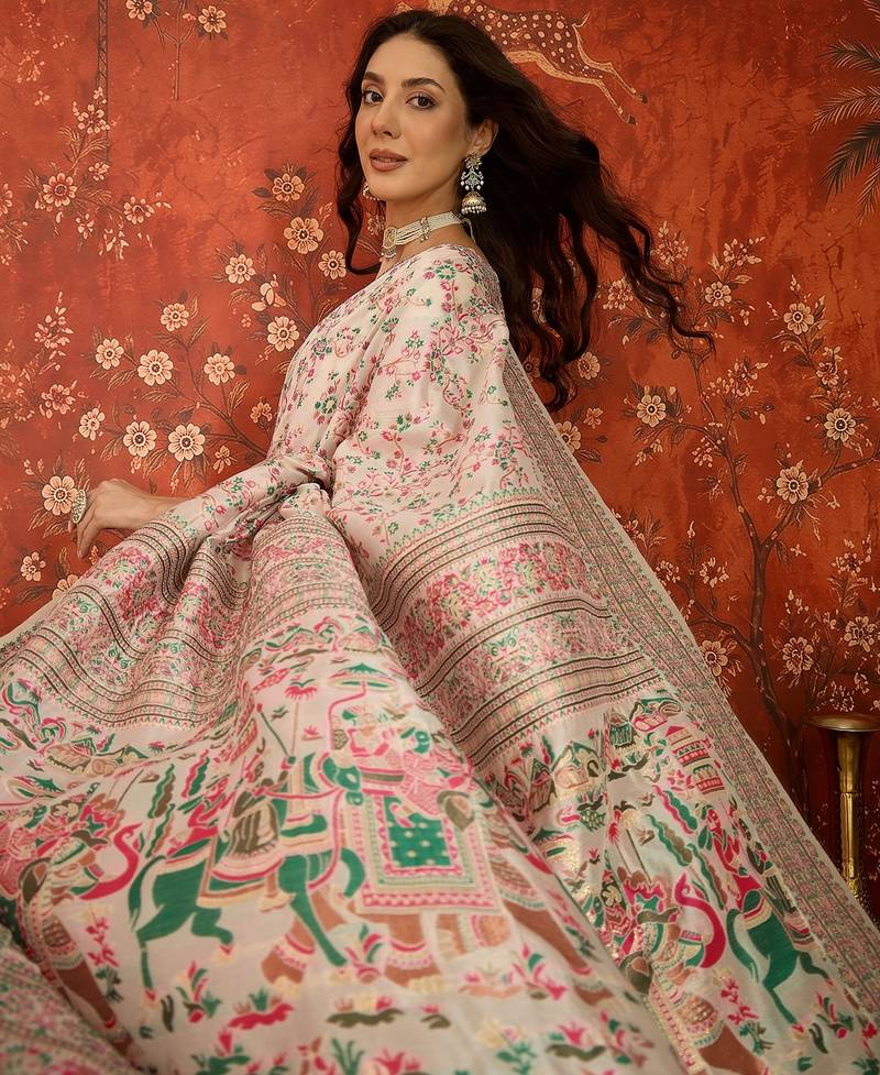 cream pashmina silk blend woven saree with unstitched blouse piece.