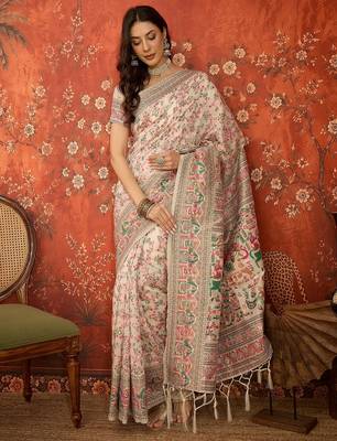 cream pashmina silk blend woven saree with unstitched blouse piece. 2