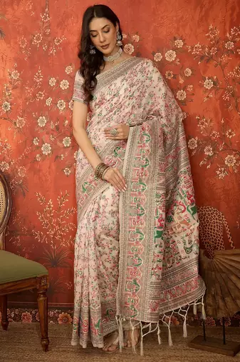 cream pashmina silk blend woven saree with unstitched blouse piece.