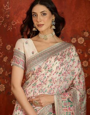 cream pashmina silk blend woven saree with unstitched blouse piece. 3