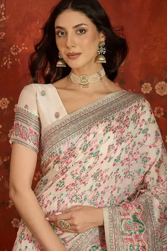 cream pashmina silk blend woven saree with unstitched blouse piece.