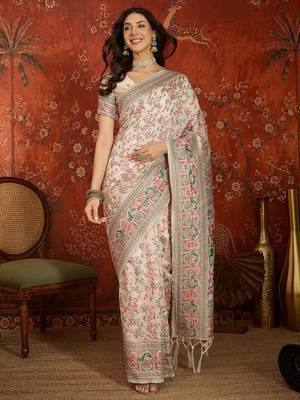 cream pashmina silk blend woven saree with unstitched blouse piece. 4