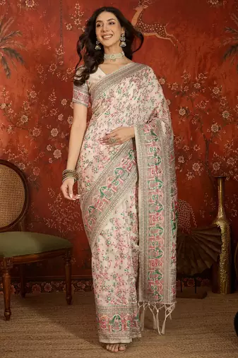 cream pashmina silk blend woven saree with unstitched blouse piece.