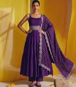 Women's purple silk blend embroidered kurta set with dupatta and pant