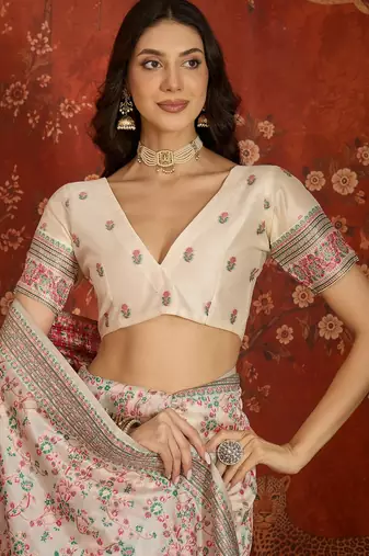 cream pashmina silk blend woven saree with unstitched blouse piece.