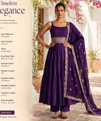 Women's purple silk blend embroidered kurta set with dupatta and pant 2