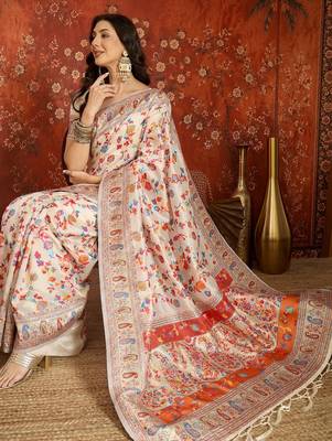 cream pashmina silk blend woven saree with unstitched blouse piece. 1