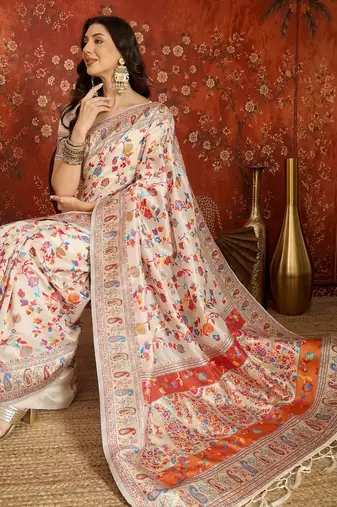 cream pashmina silk blend woven saree with unstitched blouse piece.