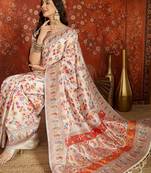 cream pashmina silk blend woven saree with unstitched blouse piece.