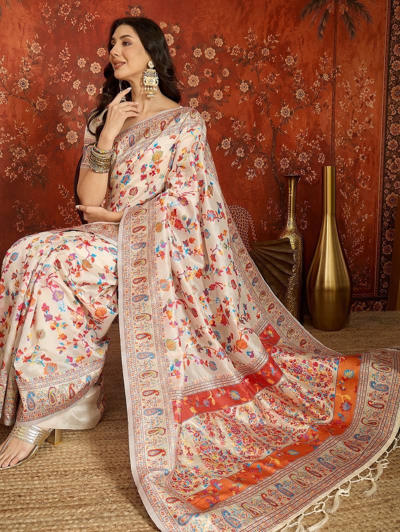 cream pashmina silk blend woven saree with unstitched blouse piece.